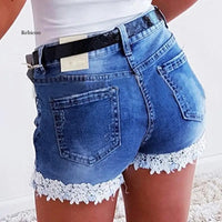 Women Slim Denim Shorts Stretch Lace Stitching Jeans Shorts Ladies Casual Regular Short