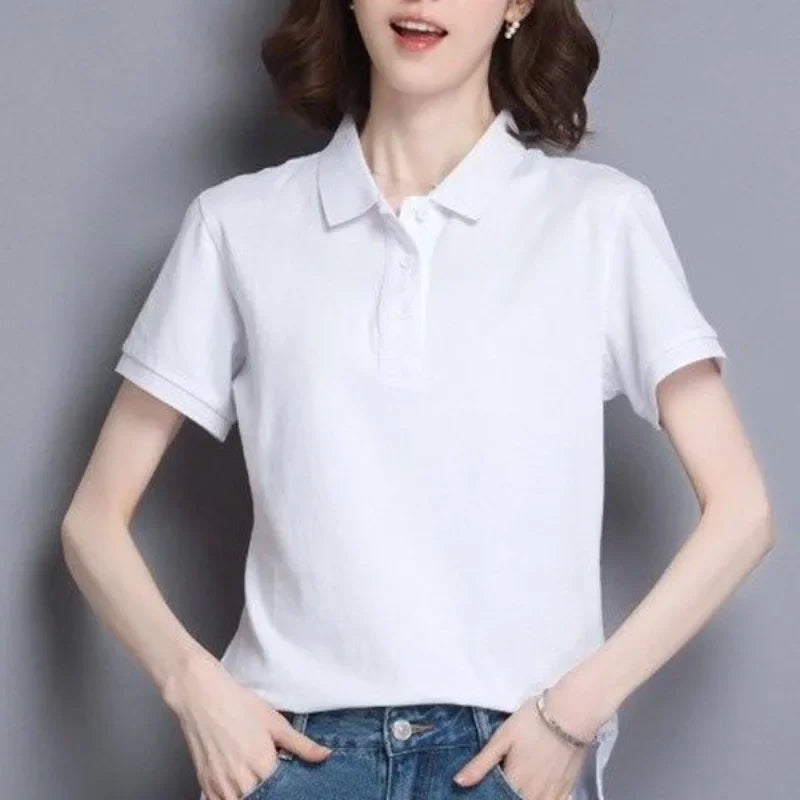 T-shirts Button Red Plain Women's Polo 100℅ Cotton Fashion 2025 Cheap Female Tee Tops Pretty Korean Popular Clothes Synthetic