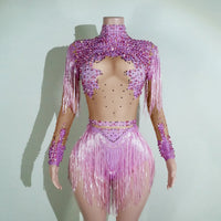NEW womens bodysuit Sexy Leopard sequin tassels High Collar Bodycon team performance pole dance drag queen outfit singer stage