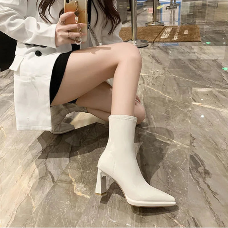 Boots Woman Winter 2024 Black Korean Elegant Heeled Autumn New In Women Shoes Pointed Toe Leather Booties Comfortable High Heels