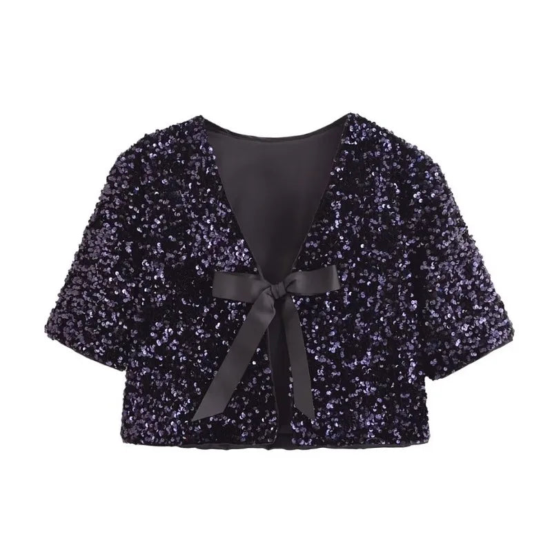 Spring Women Elegant Shirt and Blouse New Fashion Christmas New Year Bow Short Sleeve Dress Sequin Shirt Female Tops