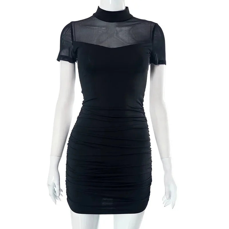 Sexy Pure Color Mesh Splice Design Halter Neck Sleeveless Dress Mini Skirt Length Q23DS261 for Women New Summer Style