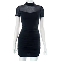 Sexy Pure Color Mesh Splice Design Halter Neck Sleeveless Dress Mini Skirt Length Q23DS261 for Women New Summer Style