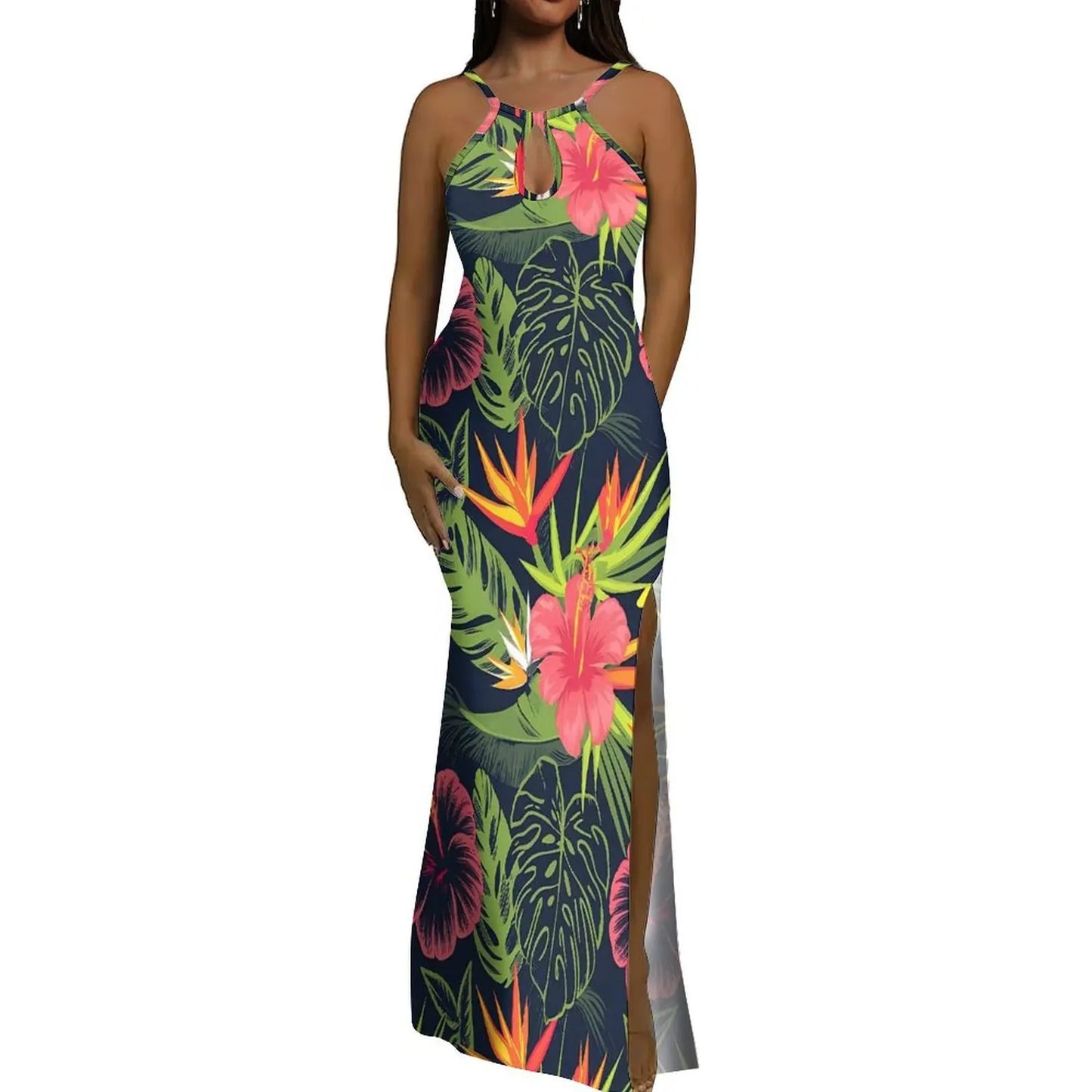 Halter Water Drop Floor-Length Dress For Polynesian Ladies Custom-Made Floral Pattern Evening Dress Stunning Summer Dress