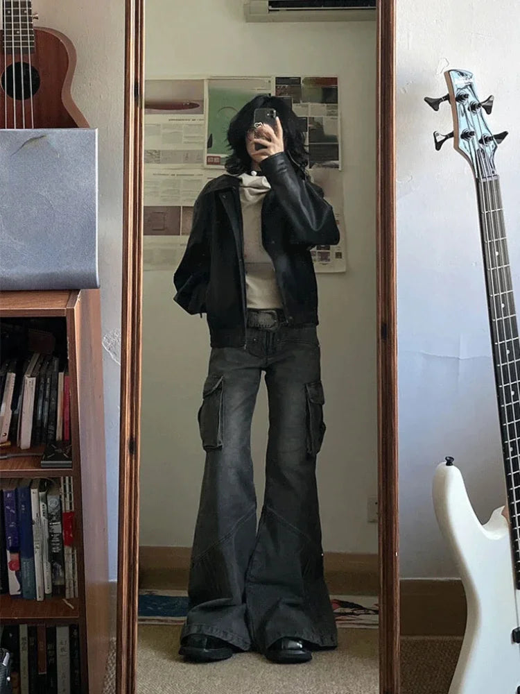 CJFHJE American Retro Bell Bottoms Washed Black Low Waist Slim Flare Jeans Women Fashion Cozy Denim Trousers Hiphop High Street