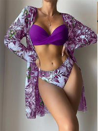 2 pieces Women's three piece swimsuit new mesh cardigan split bikini print