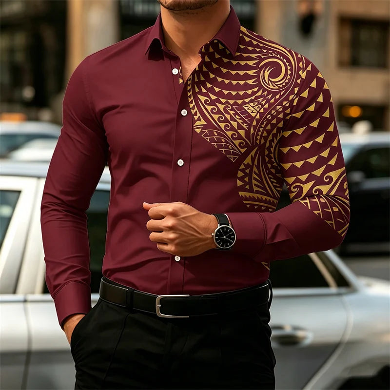 2026 New Men's Long-Sleeve Shirt, Fashionable Pattern Print, Slim Fit, European Size Business Casual Men's Top, Sizes XS-6XL
