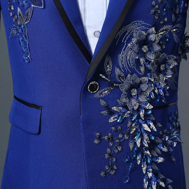 Host Singer Stage Nightclub Bar Performance Dress Set,Three-dimensional Double-sided Flower and Diamond Inlaid Men Suits 2-piece