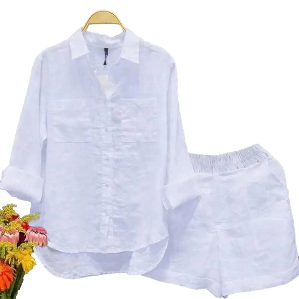 2025 Women Shirt Shorts Set Loose Irregular Hem Lapel Long Sleeves Shirt Top Elastic Waist Wide Leg Shorts Female Summer Outfit