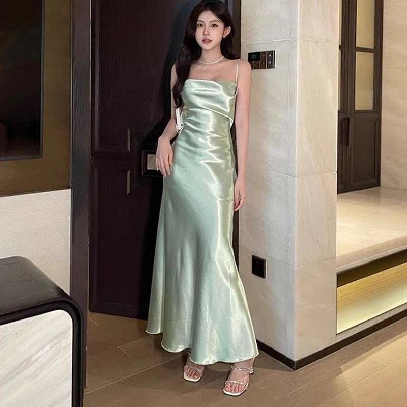 Woman Summer Pleated Sleeveless Midi Dresses 2025 Fashion Silk Satin Long Dress Women Spaghetti Strap Dress Party Banquet Dress