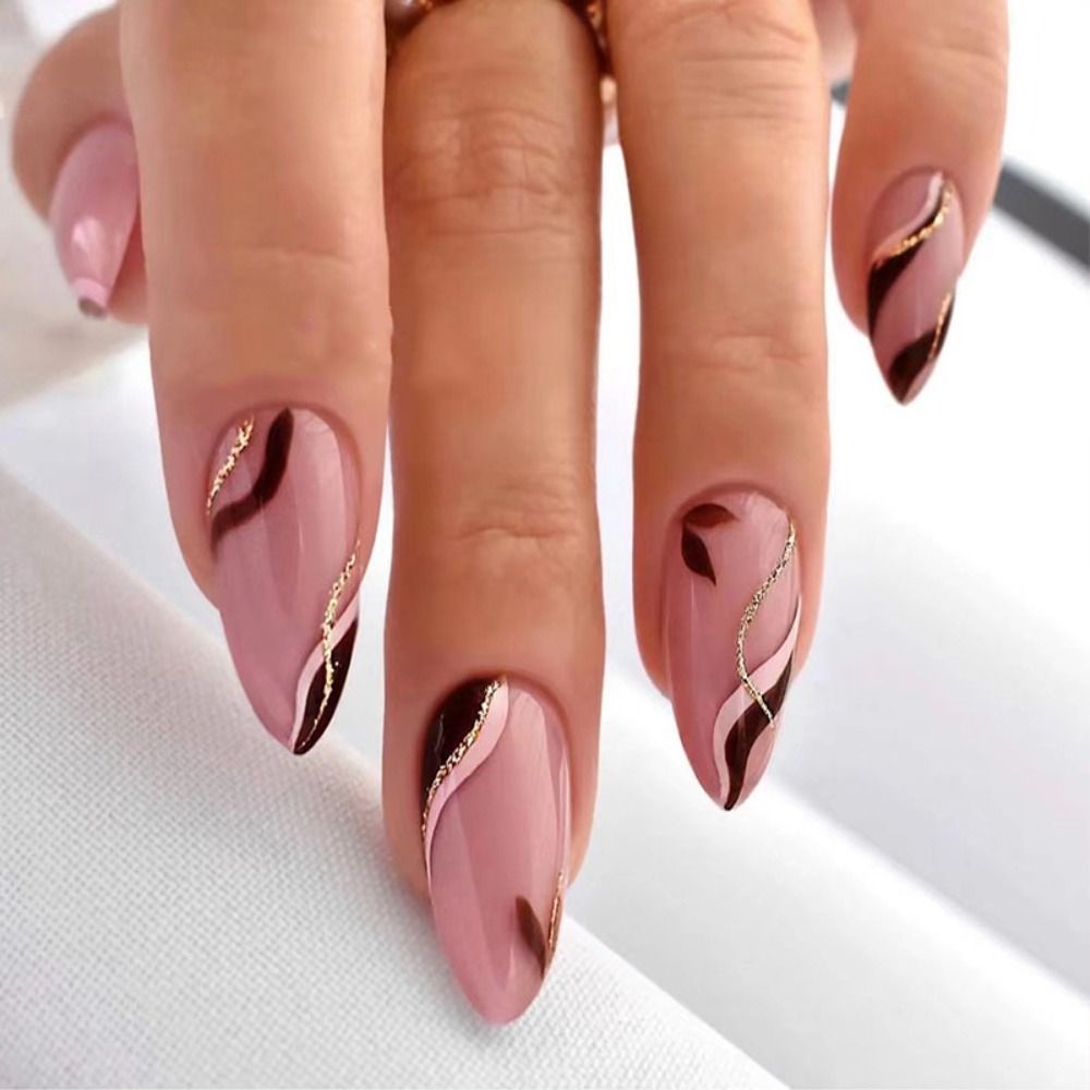 24pcs Short Almond False Nails French Ballerina Gold Line Fake Nail Full Cover Nail Tips