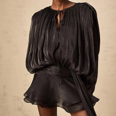 Dresses For Woman French Vestidos Elegant Puff Sleeve Dress Fashionable Loose Lace-up Solid Color Leace-up Simple Style Trendy