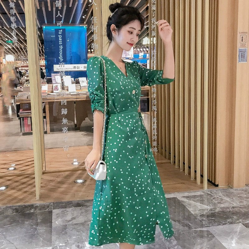 2023 Green Polka Dot Zhixun Dress Niche Style French Retro High Waist Water Green Dress over the Knee A- line Dress Women