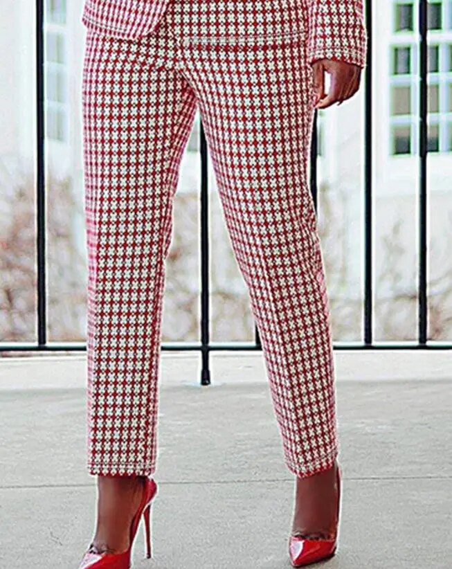 Autumn Women's Blazers and Pants Set 2023 Elegant Plaid Print Shawl Collar Buttoned Long Sleeved Suit Coat & Trousers Female