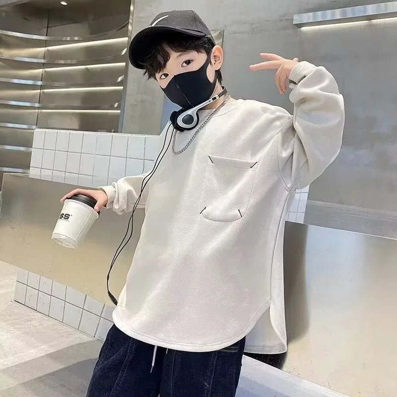 Sweatshirt Boys' Long Sleeve T-Shirt Spring 2025 New Solid Color Simple Stylish Casual Big Kids Top for 6-8 Years Old