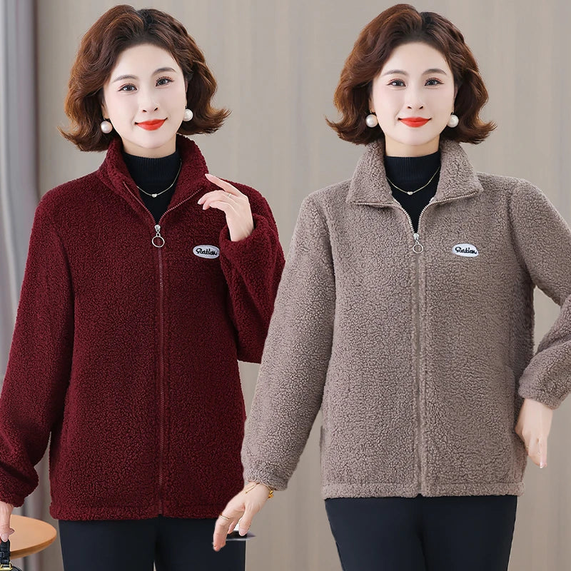 Winter Mother's Attire New Jacket Middle-Aged And Elderly Women's Fleece-Lined Woolen Sweatshirt Warm  Stand Collar Top