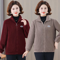 Winter Mother's Attire New Jacket Middle-Aged And Elderly Women's Fleece-Lined Woolen Sweatshirt Warm  Stand Collar Top