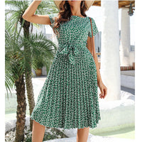 Elegant Floral Print Pleated Dresses Women Summer Dress YEMOGGY 2022 New Slim Casual High Waist Lace Up Midi Short Sleeve Dress