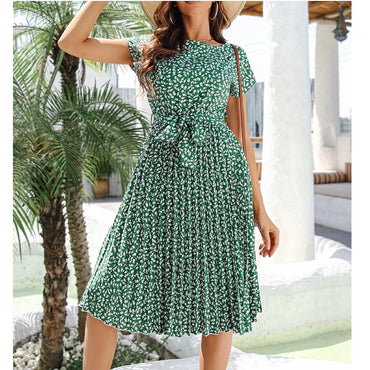 Elegant Floral Print Pleated Dresses Women Summer Dress YEMOGGY 2022 New Slim Casual High Waist Lace Up Midi Short Sleeve Dress