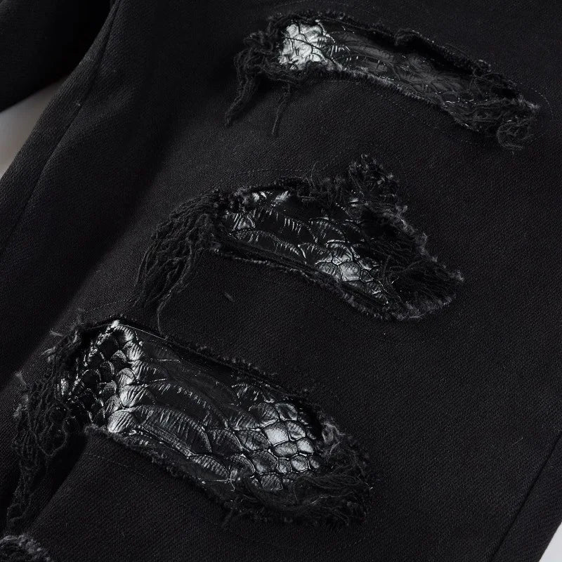 Men Snake Embroidery Jeans Skinny Tapered Stretch Denim Pants Streetwear Holes Ripped Leather Patch Patchwork Trousers Black