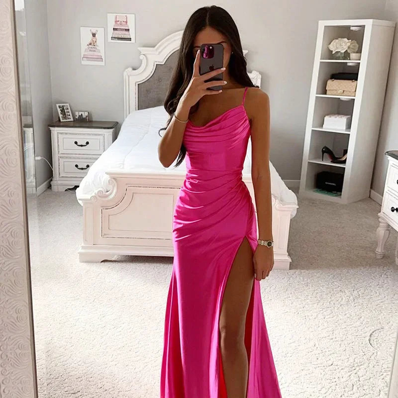 Sexy Women Corset Party Dress Elegant Strap Sleeveless High Waist Slit Folds Halter Satin Evening Graduation Dress Y2K Clothes