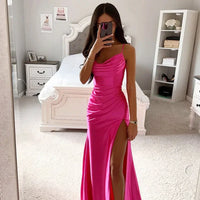 Sexy Women Corset Party Dress Elegant Strap Sleeveless High Waist Slit Folds Halter Satin Evening Graduation Dress Y2K Clothes