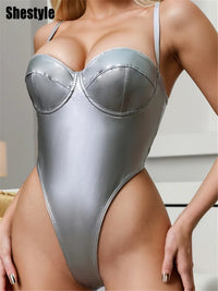 Shestyle PU Faux Leather Chest Wraping Bodysuit Women Spaghetti Strap High Waist Thong Solid Backless Low Cut Sexy Clubwear