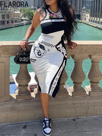 FLARORA Fashion Y2k Letter Print Bodycon Dresse Woman Round Neck Sleeveless Slim Fit Dress Female Streetwear Vestidos Summer New