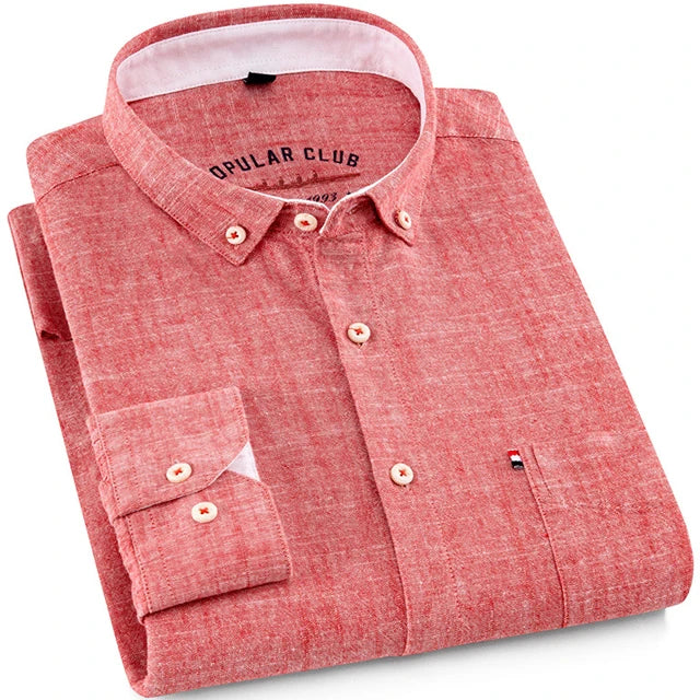 Men‘s Solid Button-Down Collar Dress Shirt - Breathable Cotton-Linen Blend - Long Sleeve, Slim-fit - Spring Summer Casual Chic