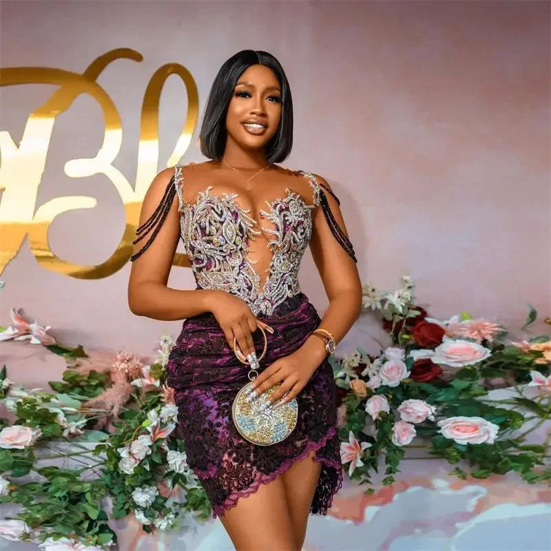 WIth Beadings Tassels Sheer Neck Short Party Dress For Christmas Black Girls Prom Gowns Glitter Sequined Mini Cocktail Dresses