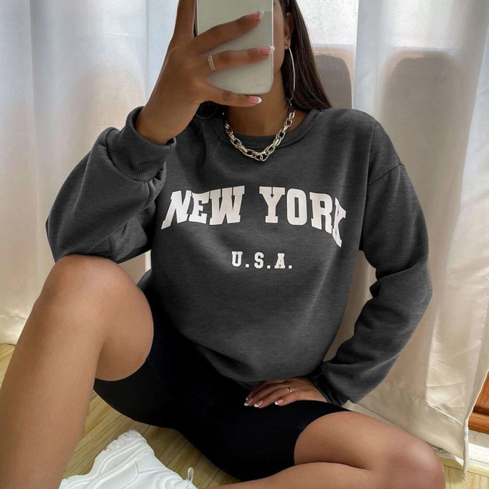 New York USA Letter Prints Womens Sweatshirts Vintage Hip Hop Casual Long Sleeves Street Fashion Clothes All-match Woman Hoodies