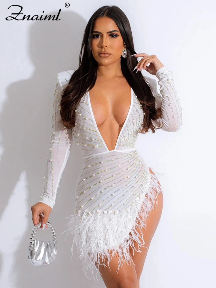 Znaiml Sexy Mesh Sheer Feathers Deep V-neck Side Slit Birthday Dresses Mega Mart Center Znaiml Sexy Mesh Sheer Feathers Deep V-neck Side Slit Birthday Dresses Mega Mart Center