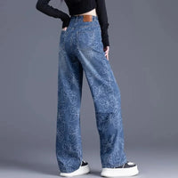 New Wide Leg Jeans Women Autumn High Waisted And Slim Casual All-match Jacquard Narrow Cut Straight Leg Pants Ladies Trouser
