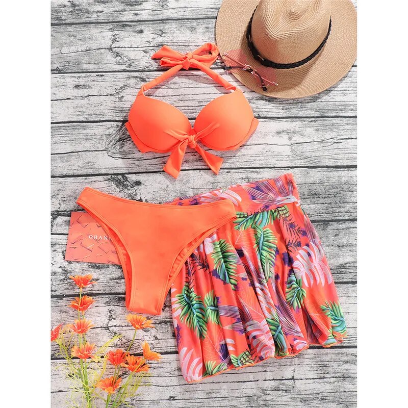 New Fashion Printed Three Piece Bikinis Set Summer Backless Swimming Women Swimsuit With Skirt High Waist Beachwear Outfits