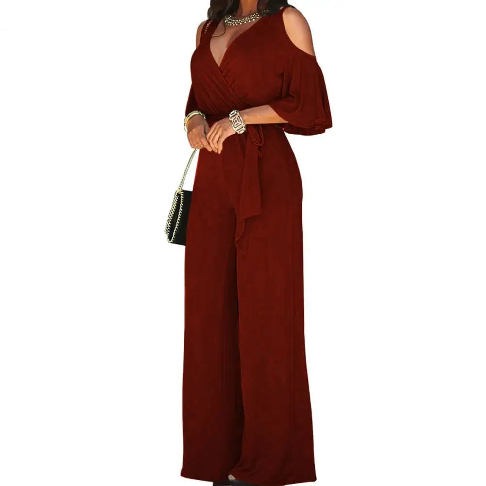 2023 Spring And Autumn Women Jumpsuit Hollowed Out Strapless Solid Color Women Jumpsuit V-neck High Waist Belt Wide-leg Pant