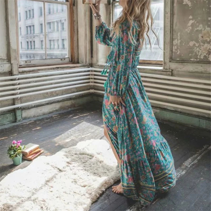 Happie Queens Women Green Floral Print Tassel Beach Bohemian Maxi Dress Ladies Summer Rayon Cotton Boho Dresses Robe