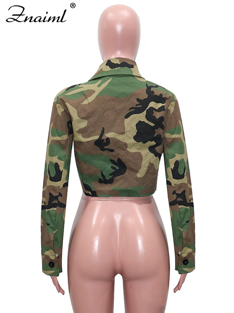 Znaiml 2023 Fashion Camouflage Print Jackets for Women Single-breasted Pockets Long Sleeve Cropped Tops Casual Streetwear Coats