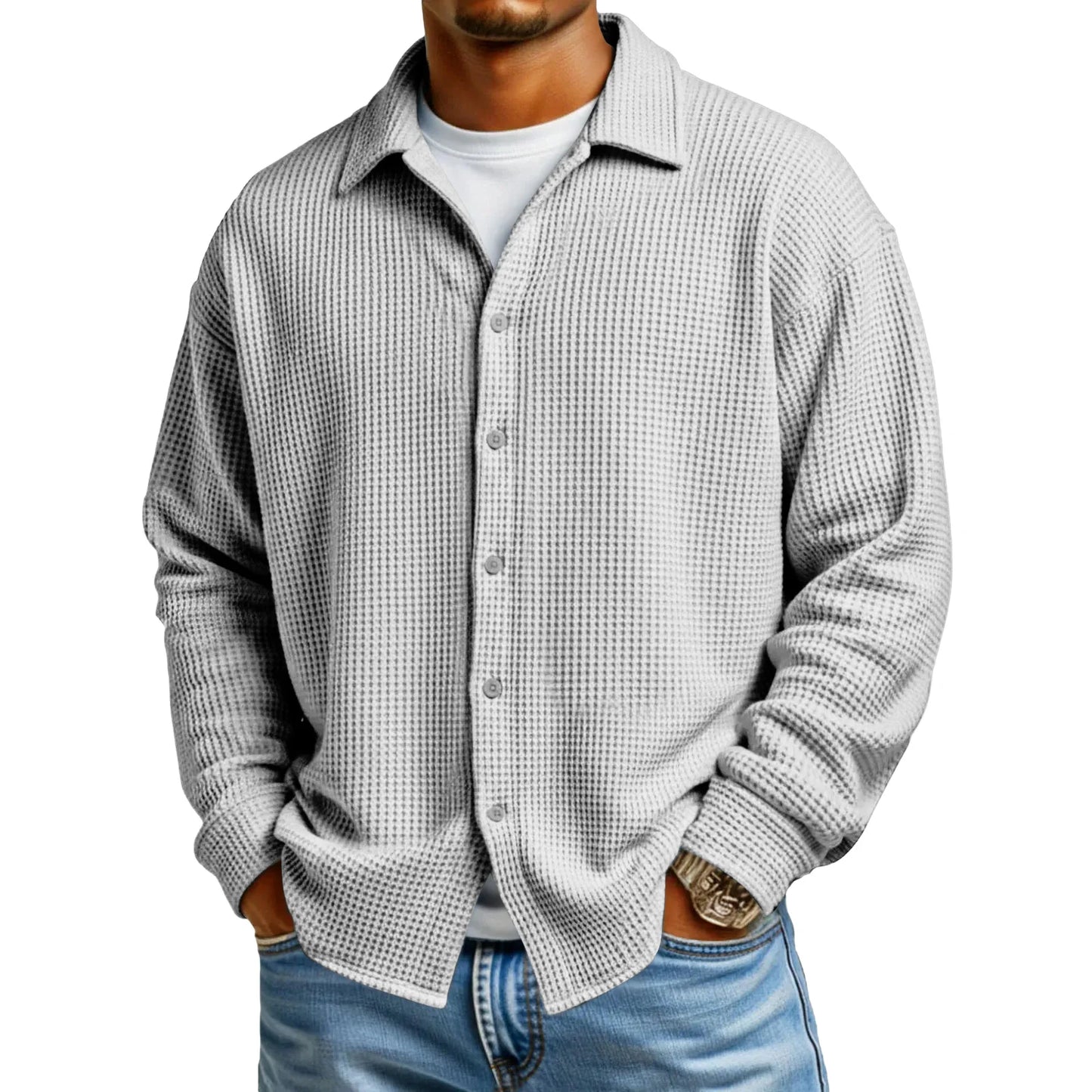 Men Casual Button Down Shirt Long Sleeve Collar Shirt Waffle Texture Loose Fit Fashion Men Top Trendy Outfit Daily Wear