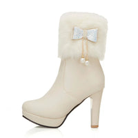 2025 Winter Womens Fashion High Heel Boots Pink White Black Fur Tassel Bowtie Lovely Lolita Ladies Party Wedding Shoes size32-43