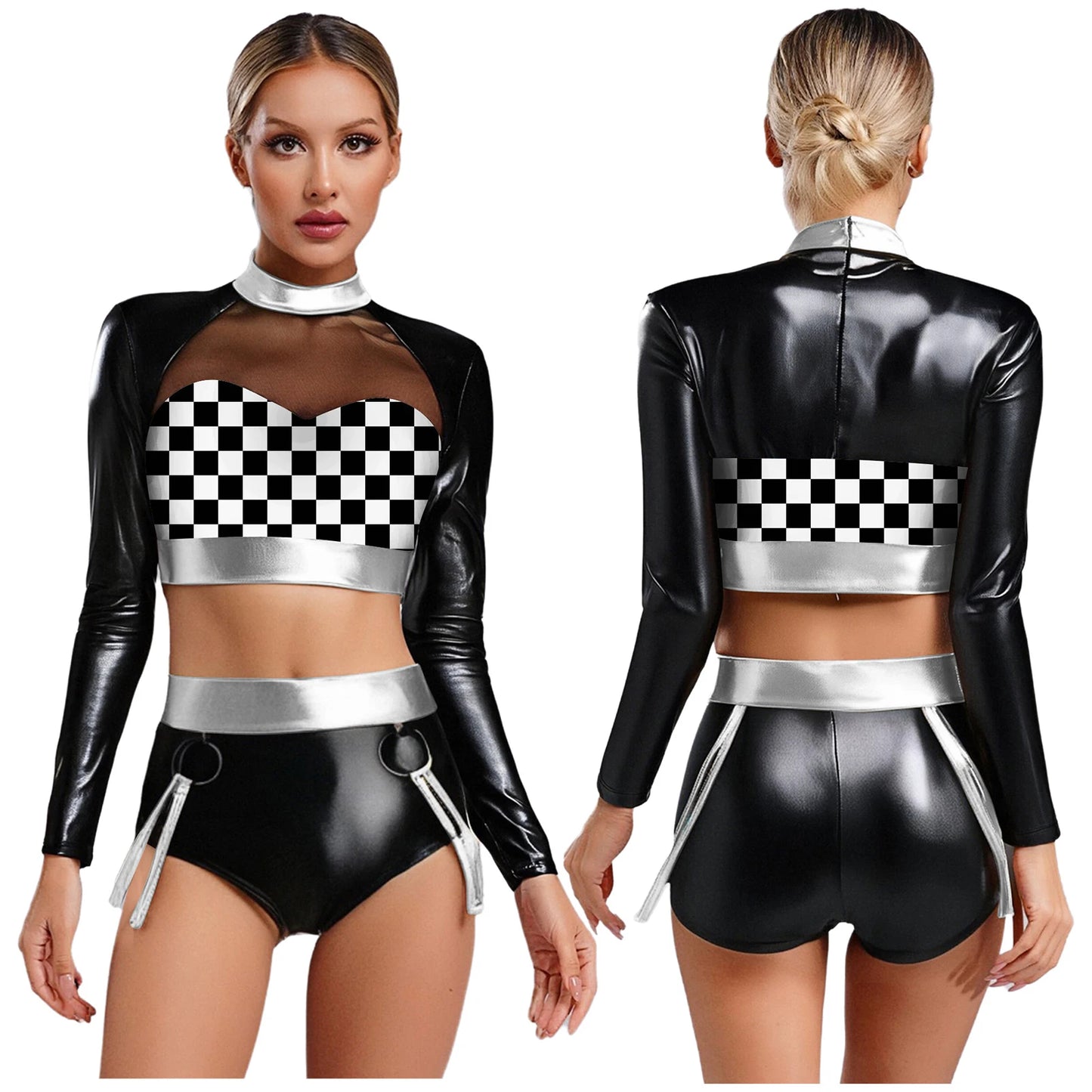 2Pcs Rave Outfits for Womens Shiny Metallic Snakeskin Print Mesh Tank Crop Top with Hot Short Club Pole Dancing Wear Outfits