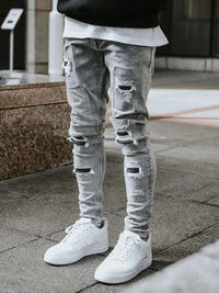 2025 New Men Light Blue Distressed Ripped Stretch Skinny Jeans Slim Fit Trendy Casual Long Pants Multi Color Options