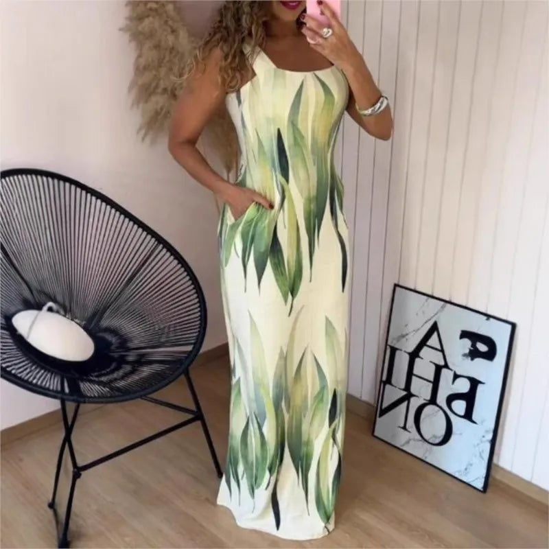 Boho Womens Summer Dress Retro Print Casual Slim Slit Square Neck Sleeveless Strappy Elegant  Tank Dresses For Women Robe