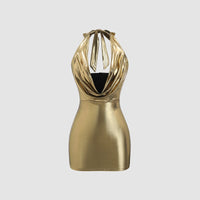 Sexy Solid Golden Party Women Dress Sleeveless V-Neck Halter Neck Metal Dress New Fashion 2024 Autumn Evening Night Club Dress