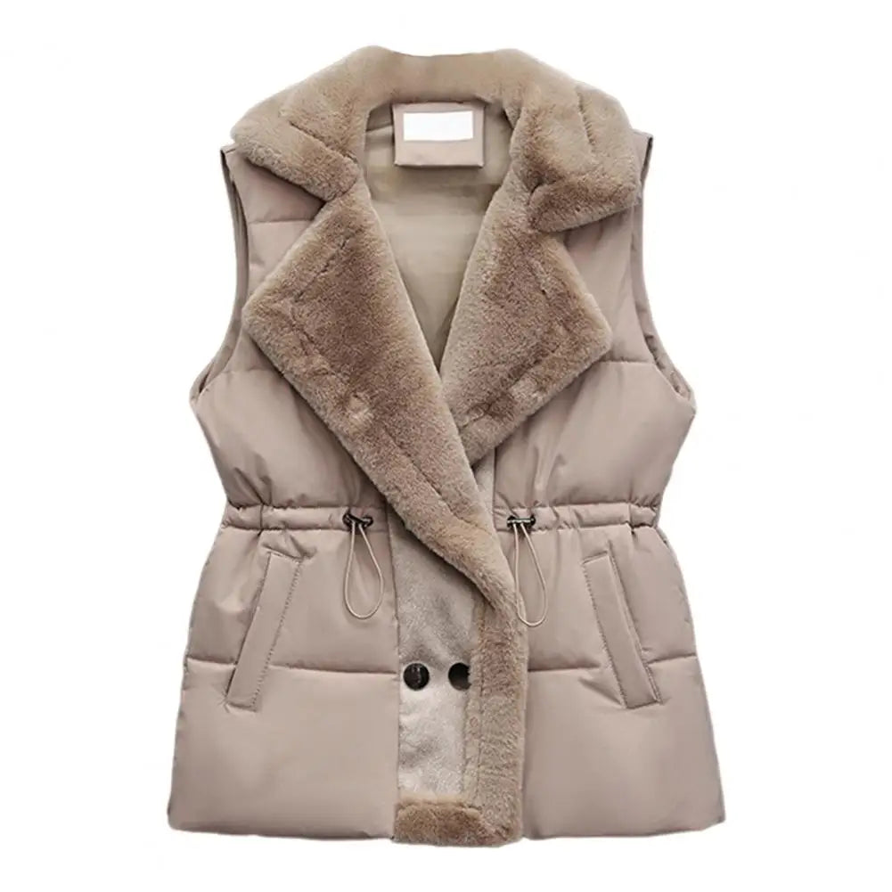 Winter Cotton Fur Integrated Down Vest Womens Puffer Vest Stand Collar Button Down Padded Jacket with Drawstring Waistcoat