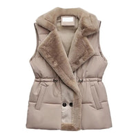 Winter Cotton Fur Integrated Down Vest Womens Puffer Vest Stand Collar Button Down Padded Jacket with Drawstring Waistcoat