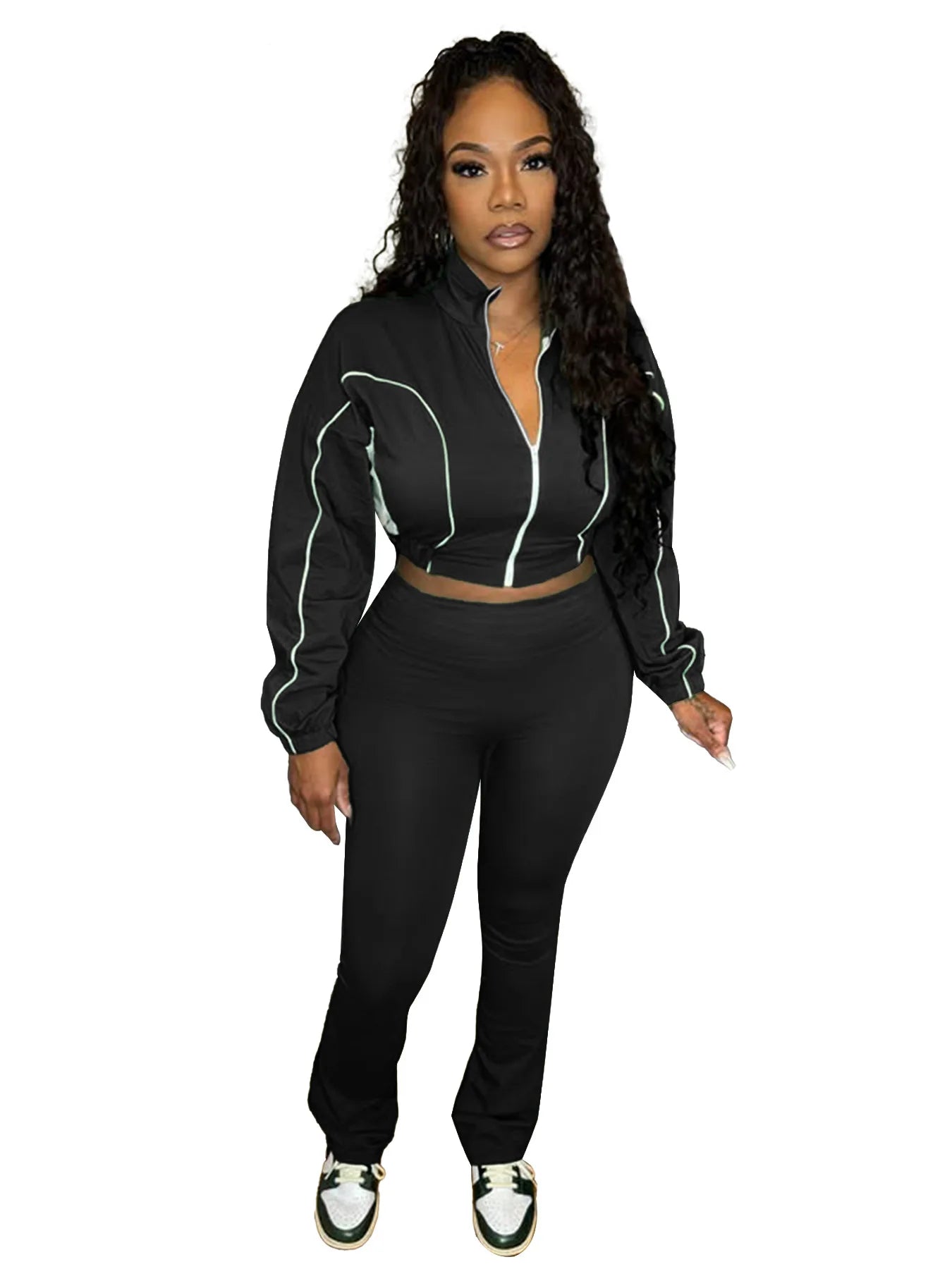 FLARORA Fashion Stripe Patchwork 2 Pcs Sets Woman Long Sleeve Zip Crop Jackets And Flare Pants Outfits Casual Street Tracksuits