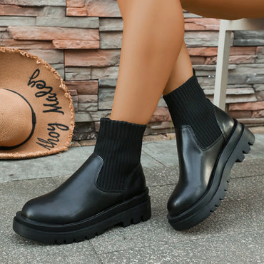 2025 Autumn Winter Fashion Women Chelsea Boots Leather High Heels Boots Platform Shoes Ladies Knitted Sexy Ankle Boots
