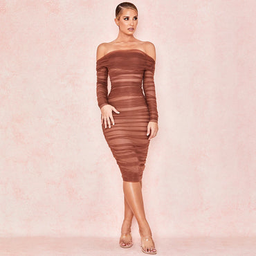 WillBeNice 2023 Women Sexy Brown Draped Bandage Mid Dress Bodycon Off-Shoulder Long-sleeves Club Celebrity Evening Party Dresses