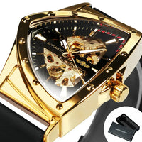 WINNER Military Triangle Skeleton Automatic Watch for Men Gold Sports Mechanical Watches Luxury Stainless Steel Strap Luminous