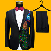 New Embroidered Tuxedos Men, Black Wedding Groom Suit, Male Singer Performance, Party Blazer, Prom Costume, Fashion Paillette